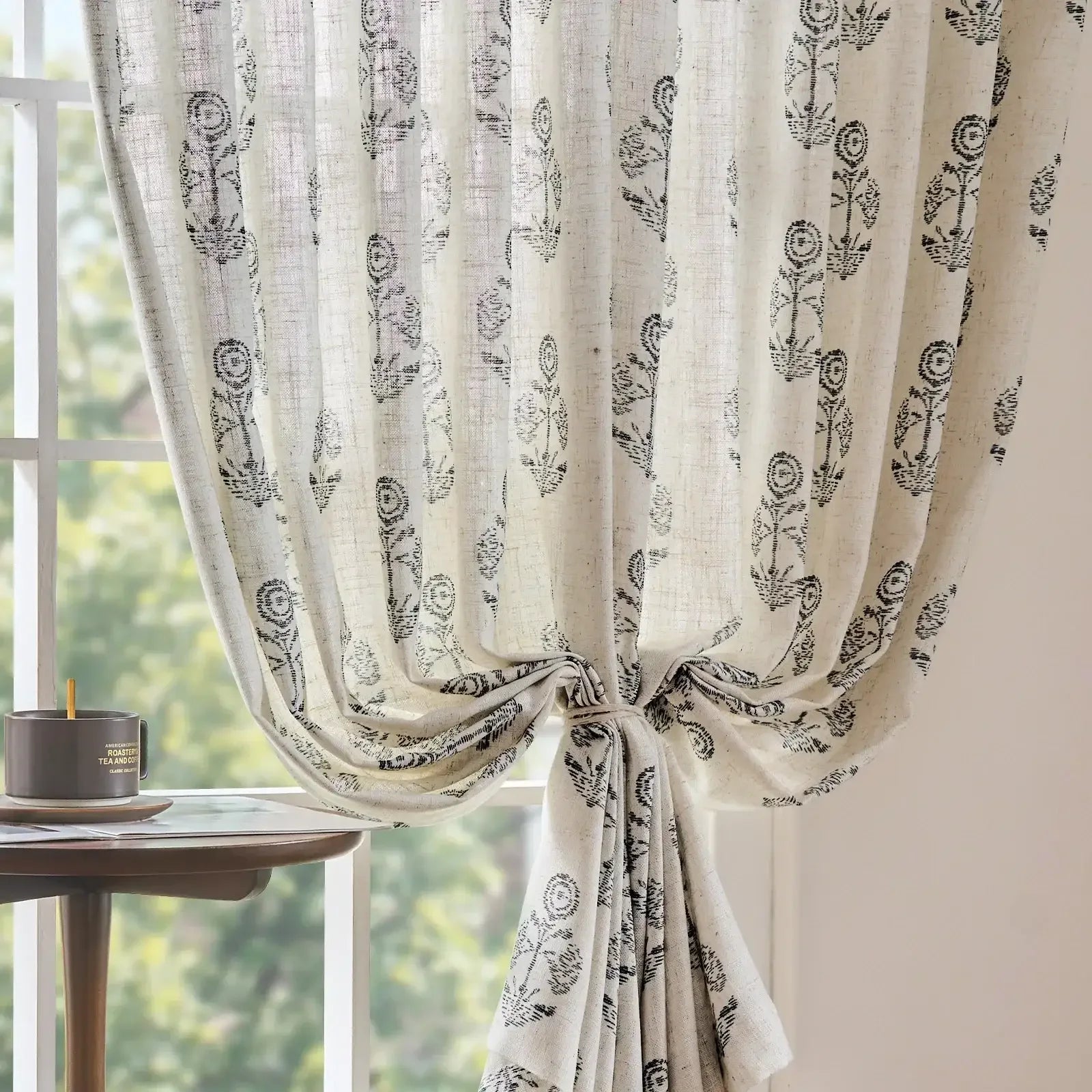 Linear Mini Floral and Leaf Linen Curtains - Natural Botanical Design