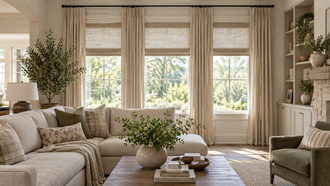 Layered Roman shade and full-length curtains in a family room