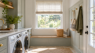 Easy-care Roman shade in a practical mudroom window
