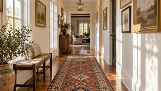 Vintage runner rug centered in a bright hallway