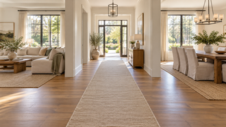 Wide neutral runner rug in an open walkway