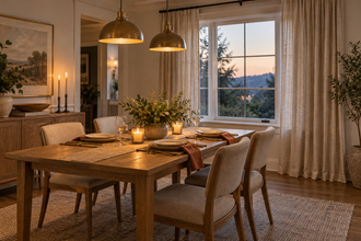 Illustrative dining room with oatmeal curtains, an oak table, rust napkins, and warm evening lighting