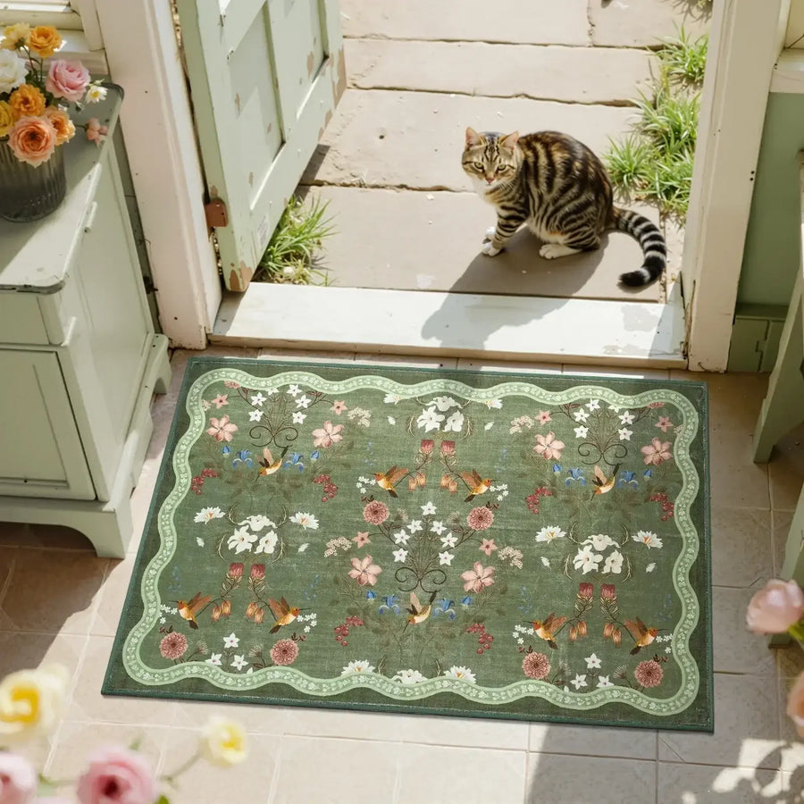 Vintage Floral & Hummingbird Embroidered Rug - Jinchan Home