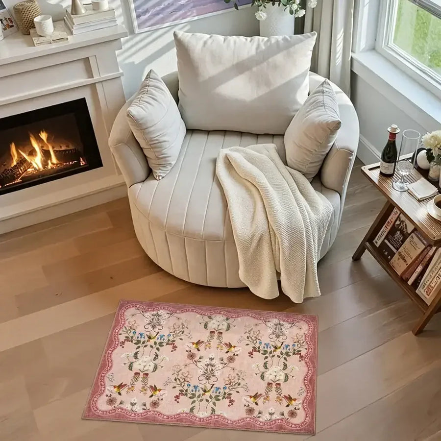 Vintage Floral & Hummingbird Embroidered Rug - Jinchan Home