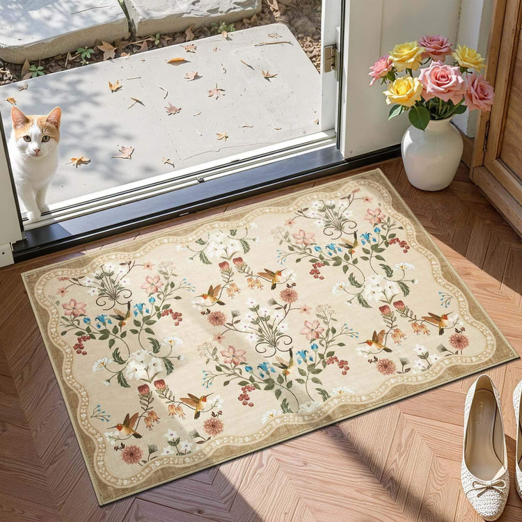 Vintage Floral & Hummingbird Embroidered Rug - Jinchan Home