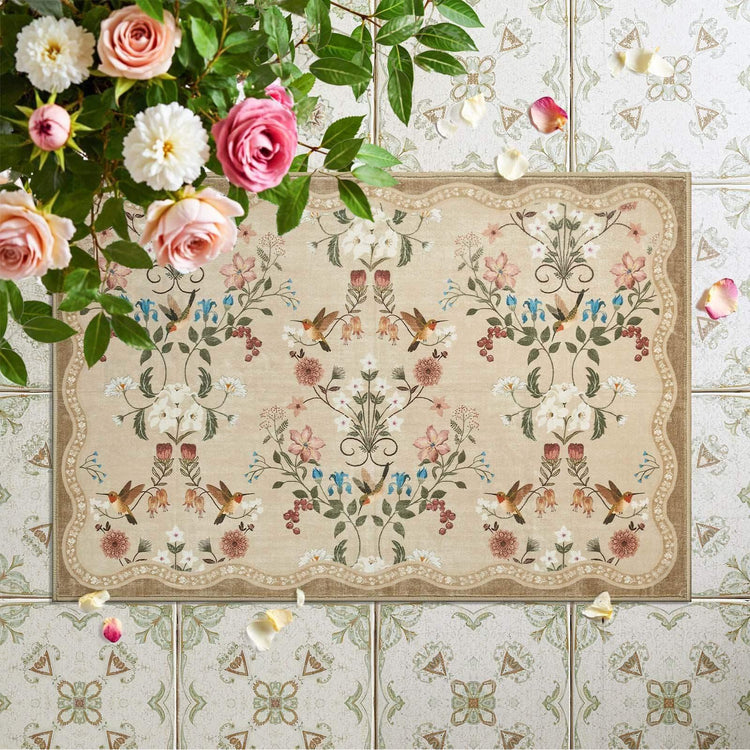 Vintage Floral & Hummingbird Embroidered Rug - Jinchan Home
