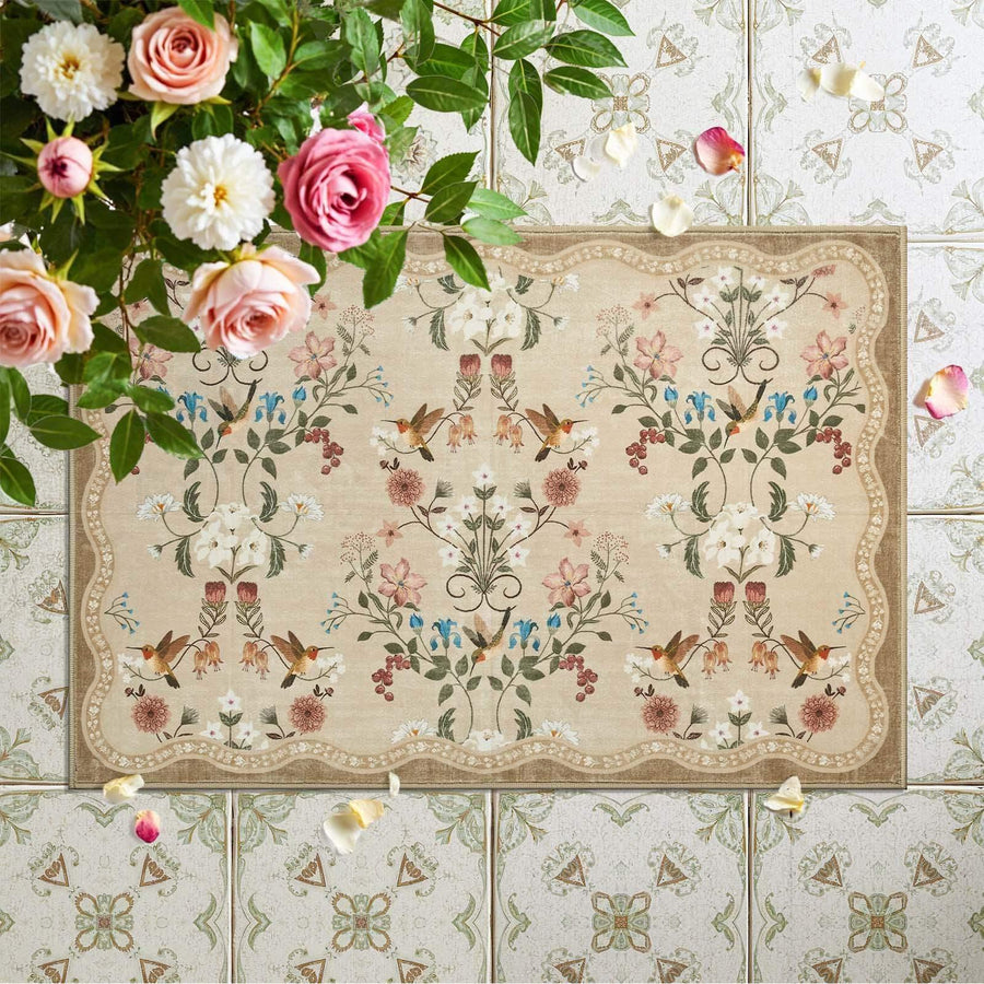Vintage Floral & Hummingbird Embroidered Rug - Jinchan Home