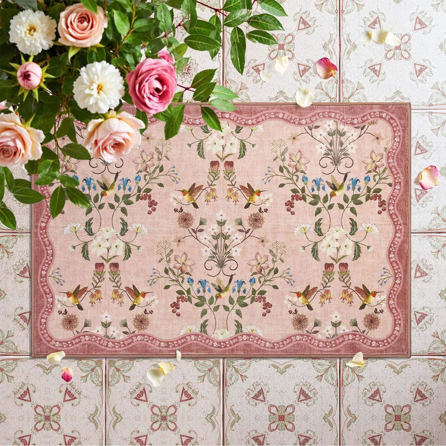 Vintage Floral & Hummingbird Embroidered Rug - Jinchan Home