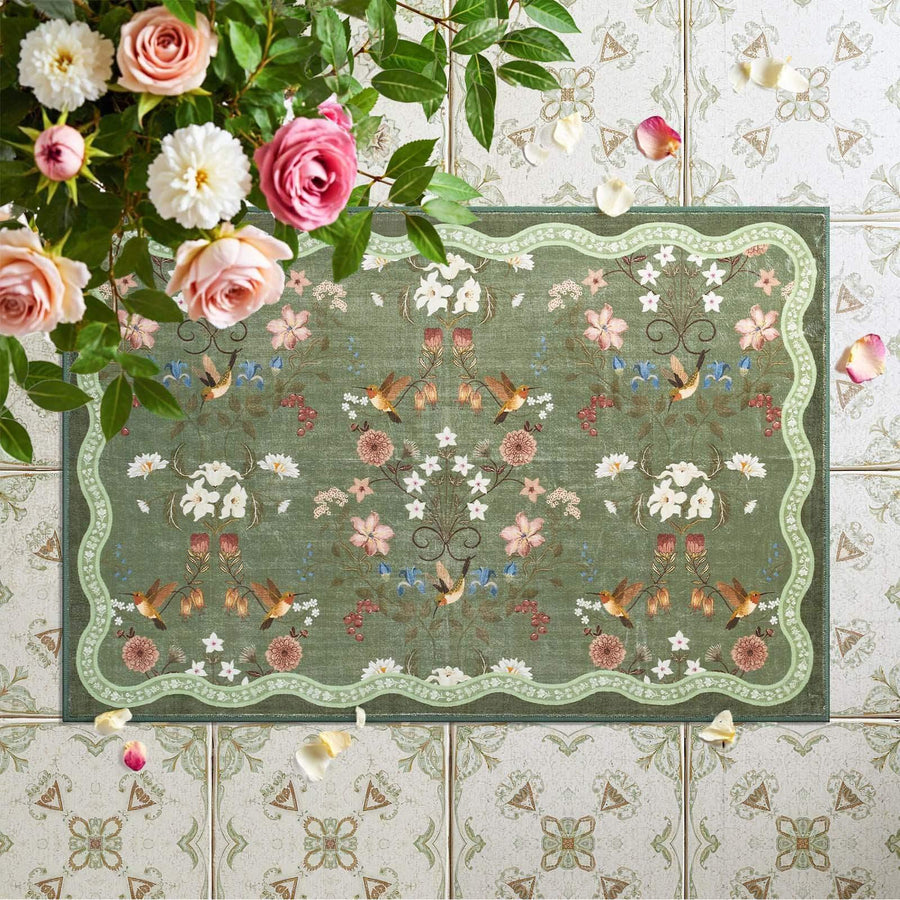 Vintage Floral & Hummingbird Embroidered Rug - Jinchan Home
