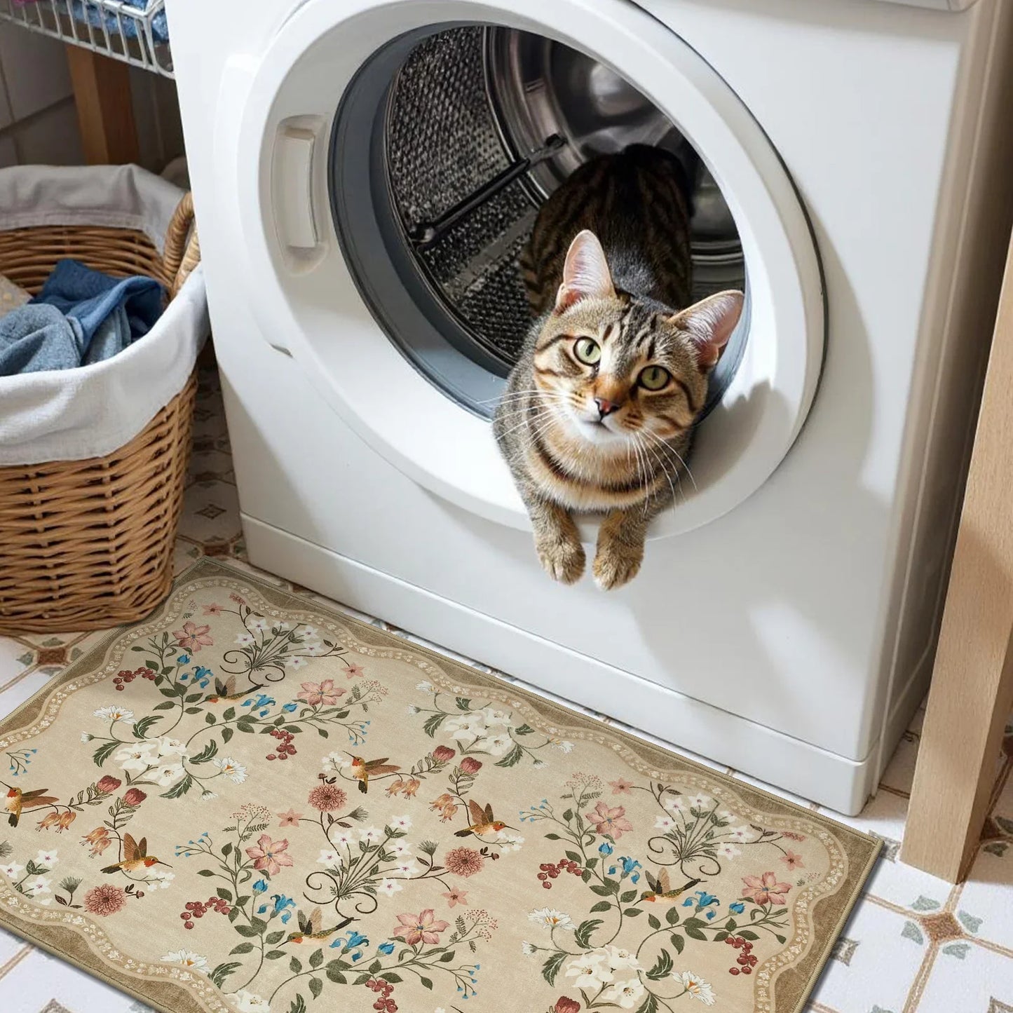 Tabby cat lounging inside front-loading washing machine with floral decorative rug on tiled floor