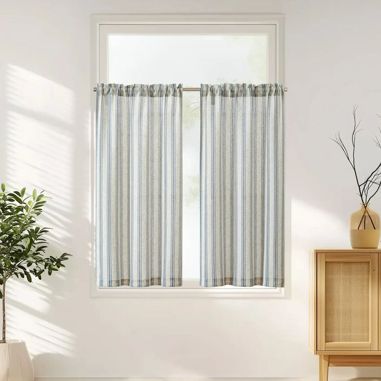Twill Striped Linen Blend Rod Pocket Kitchen Curtains - Jinchan Home