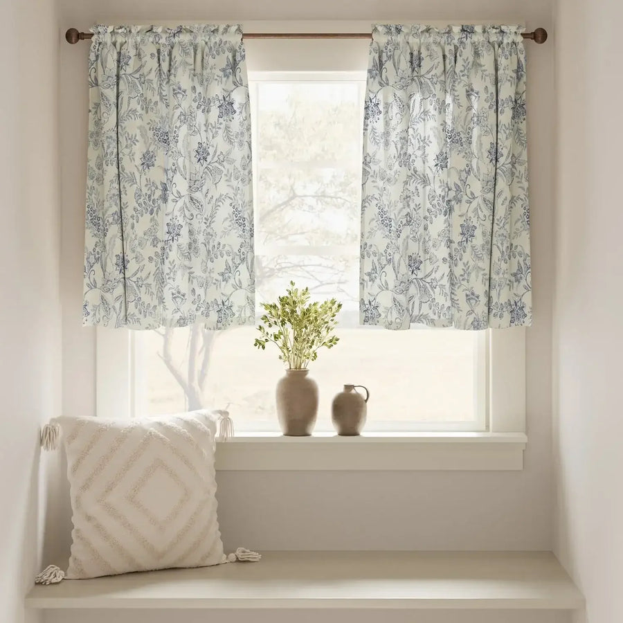 Vintage Scrollwork Floral Linen Kitchen Curtains - Jinchan Home