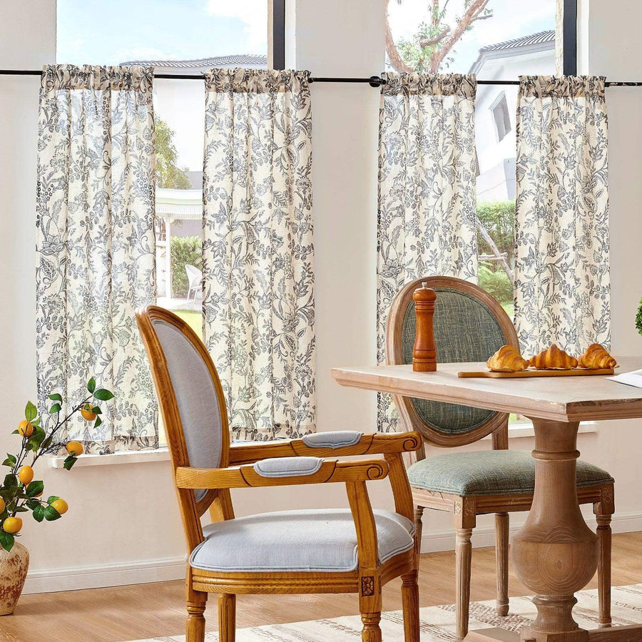 Vintage Scrollwork Floral Linen Kitchen Curtains - Jinchan Home
