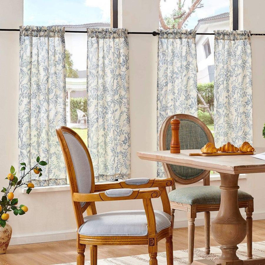 Vintage Scrollwork Floral Linen Kitchen Curtains - Jinchan Home