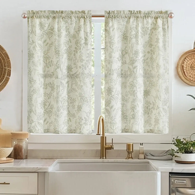 Vintage Scrollwork Floral Linen Kitchen Curtains - Jinchan Home