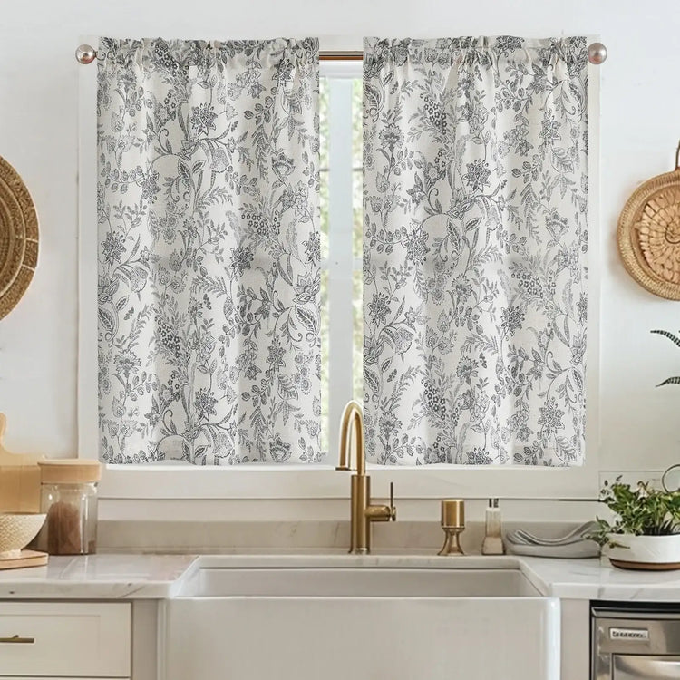 Vintage Scrollwork Floral Linen Kitchen Curtains - Jinchan Home