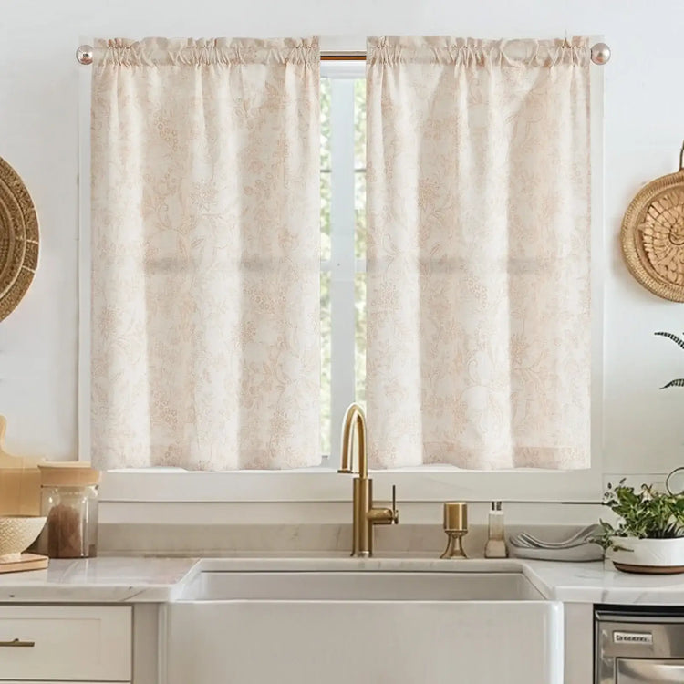 Vintage Scrollwork Floral Linen Kitchen Curtains - Jinchan Home
