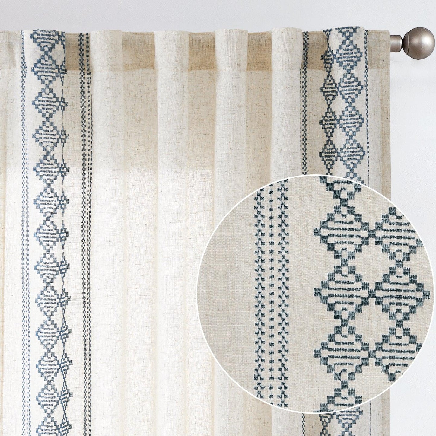 Embroidered Boho Ikat Geometric Curtains - Jinchan Home