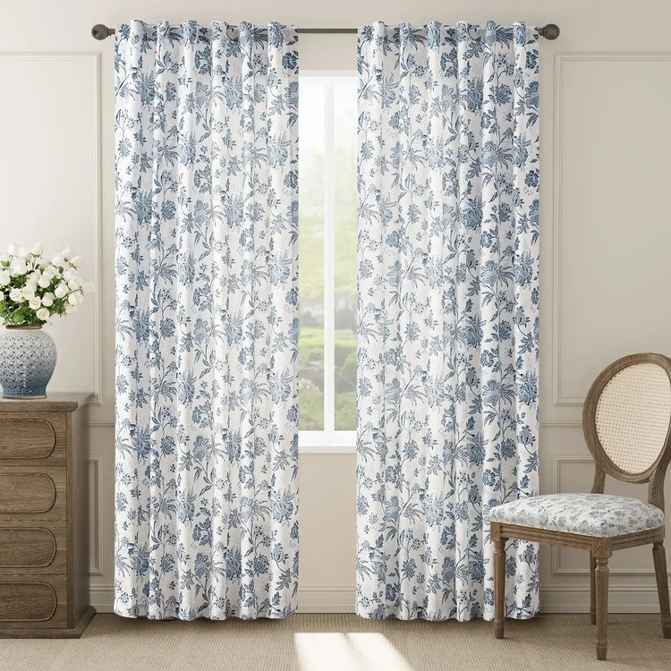 Blue & White Botanical Floral 3-in-1 Curtains - Jinchan Home