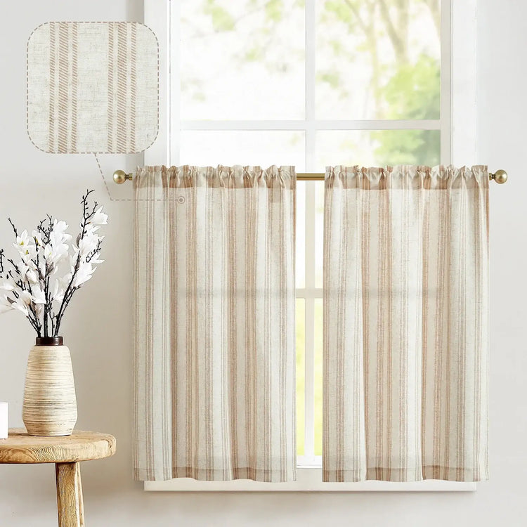 Twill Striped Linen Blend Rod Pocket Kitchen Curtains - Jinchan Home