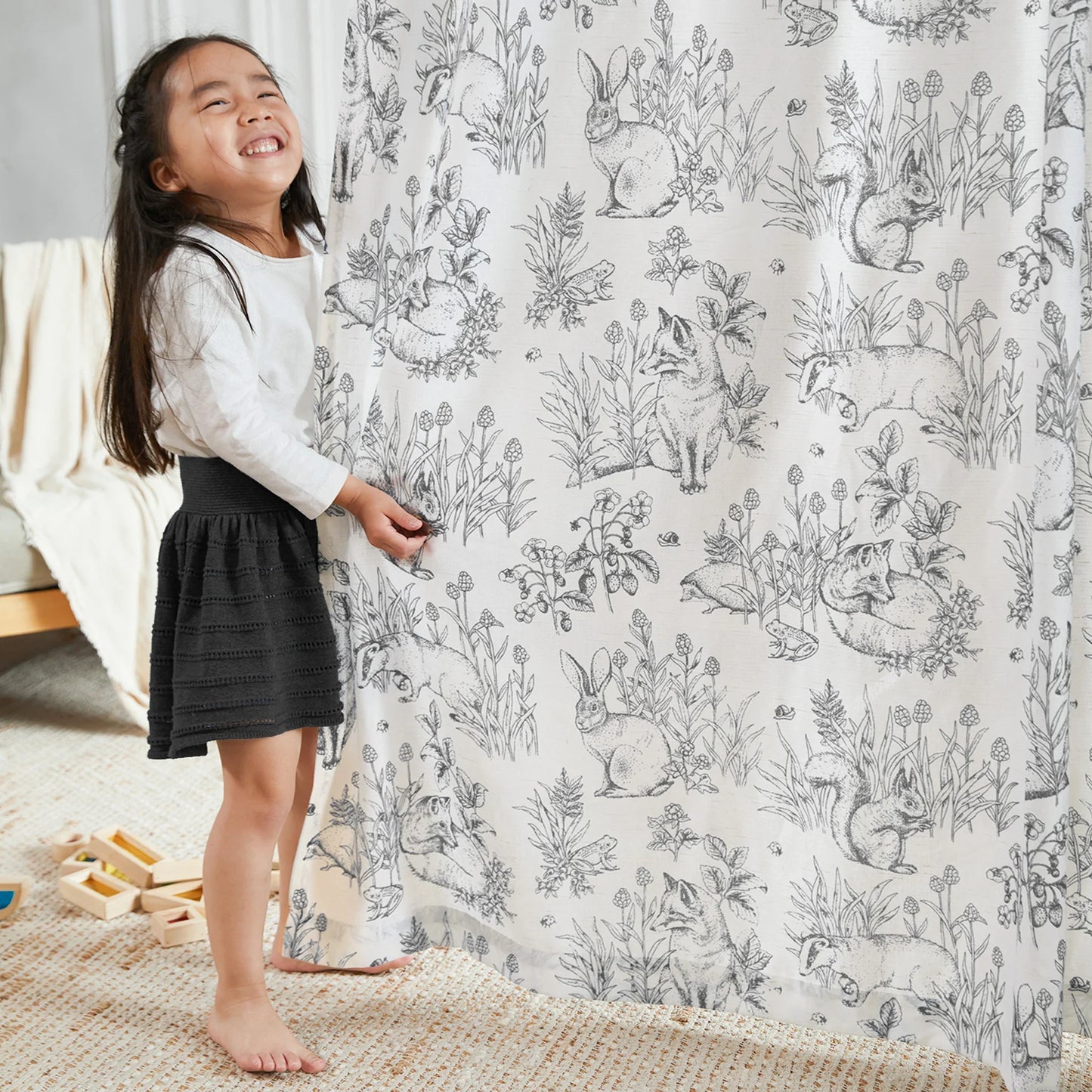 Bunny & Squirrel Toile Linen Curtains - Jinchan Home