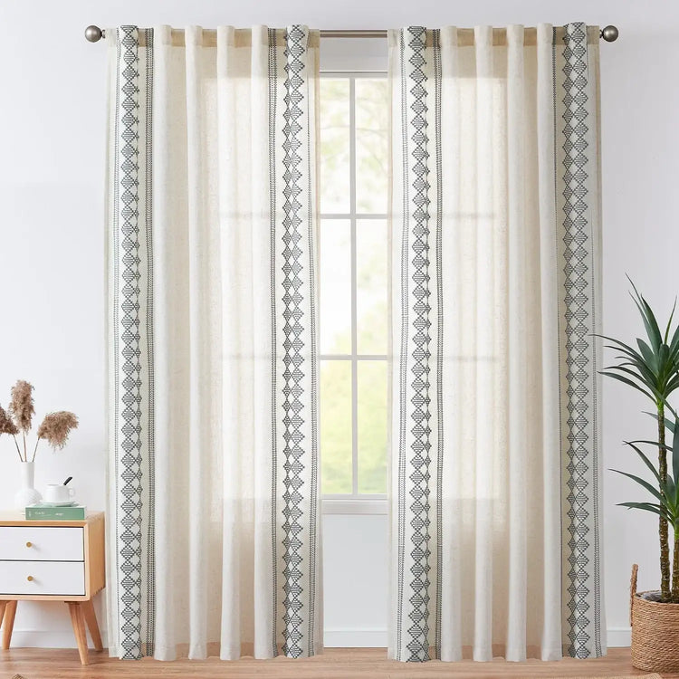 Embroidered Boho Ikat Geometric Curtains - Jinchan Home