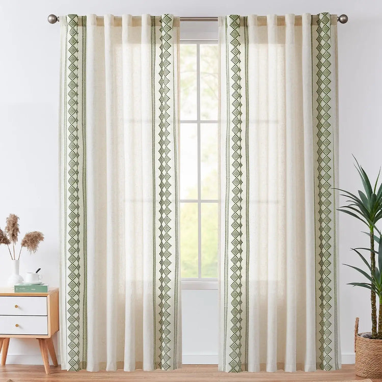 Embroidered Boho Ikat Geometric Curtains - Jinchan Home
