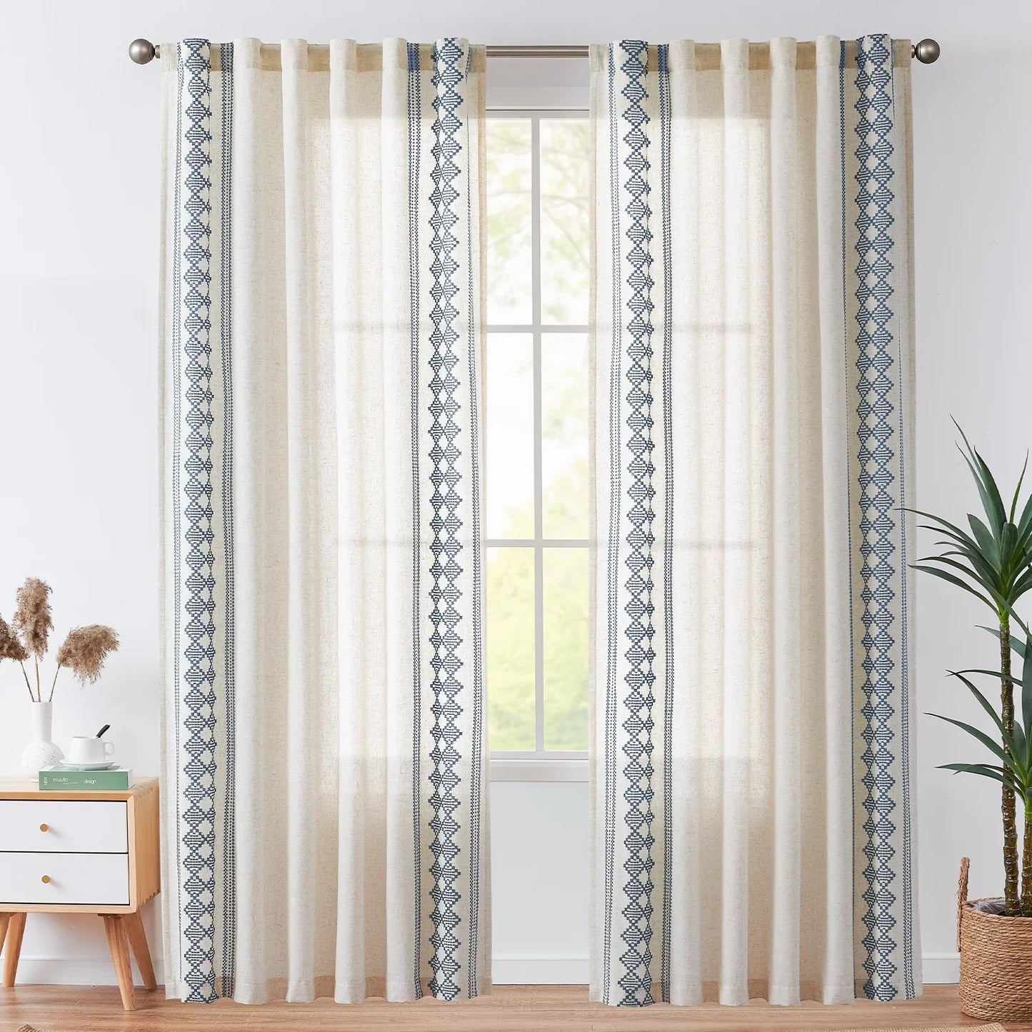 Embroidered Boho Ikat Geometric Curtains - Jinchan Home