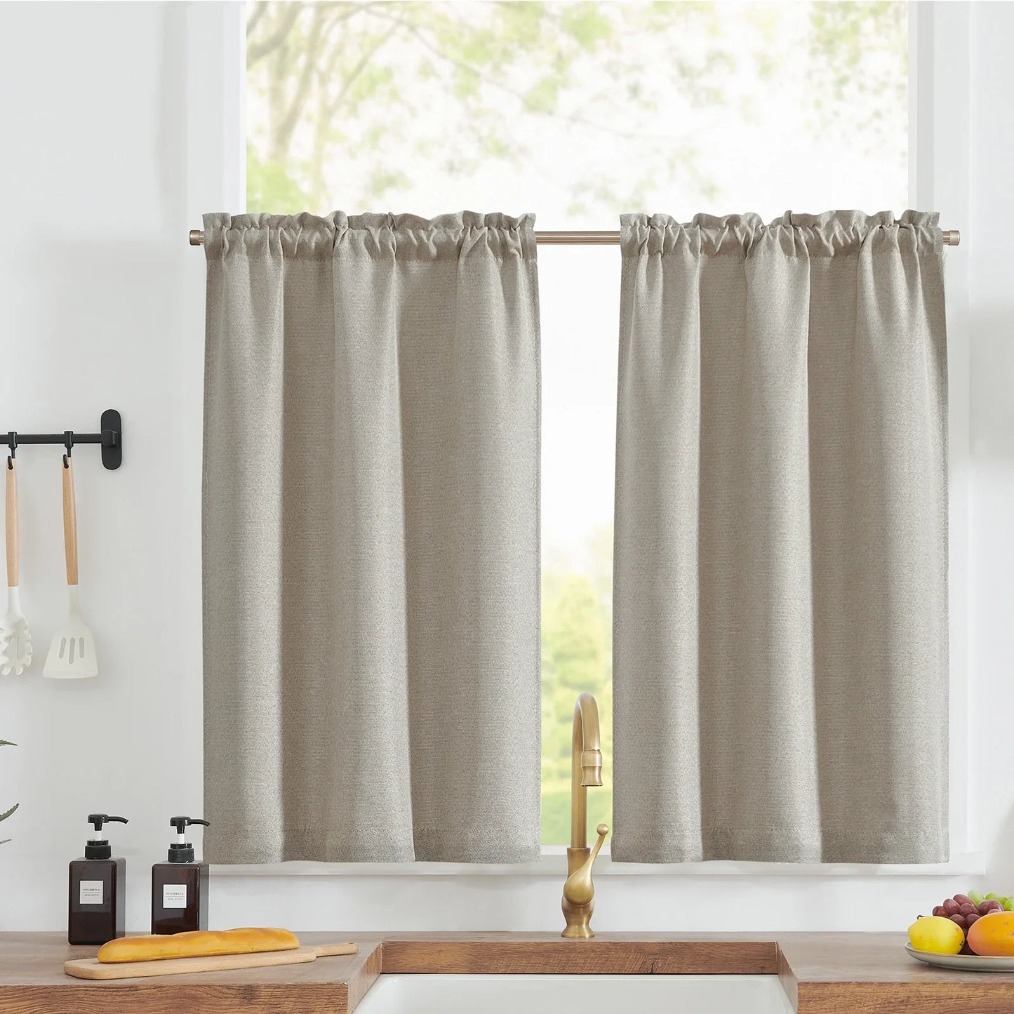 Faux Linen Solid Kitchen Curtains - Jinchan Home