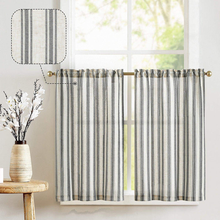 Twill Striped Linen Blend Rod Pocket Kitchen Curtains - Jinchan Home