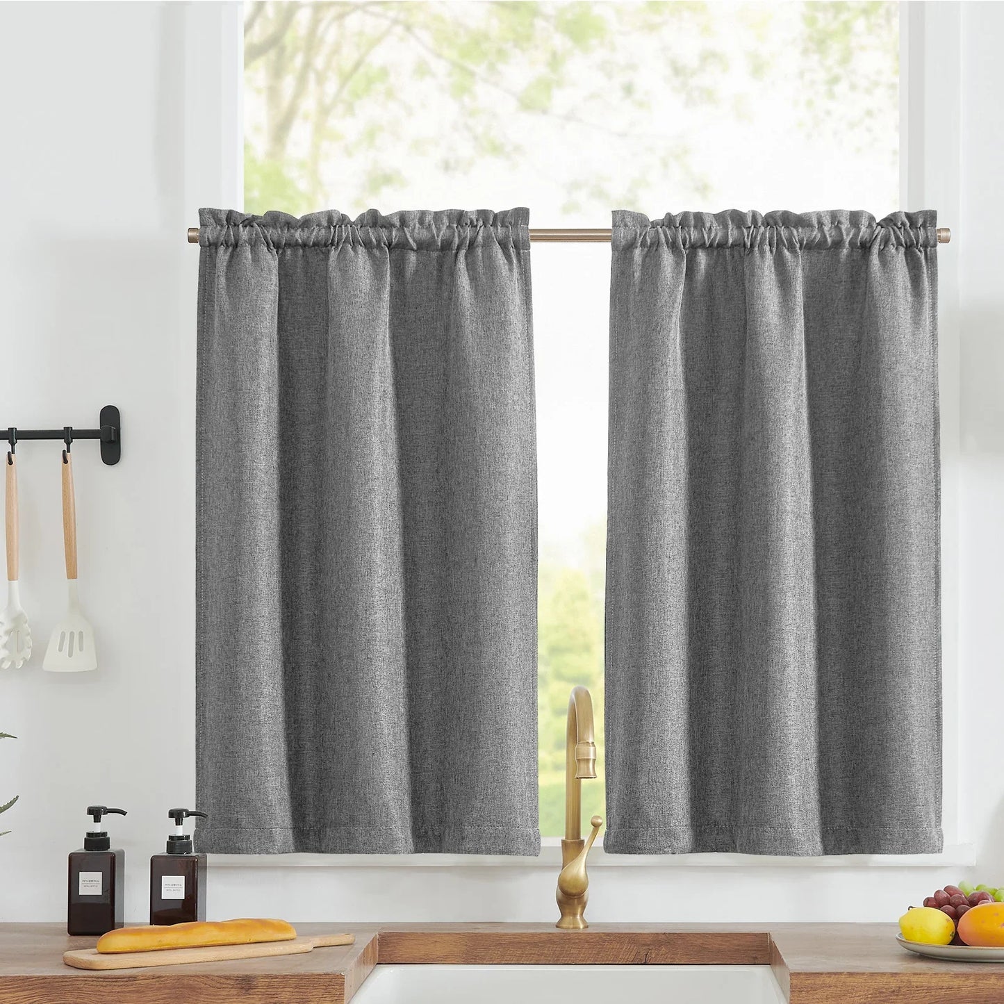 Faux Linen Solid Kitchen Curtains - Jinchan Home