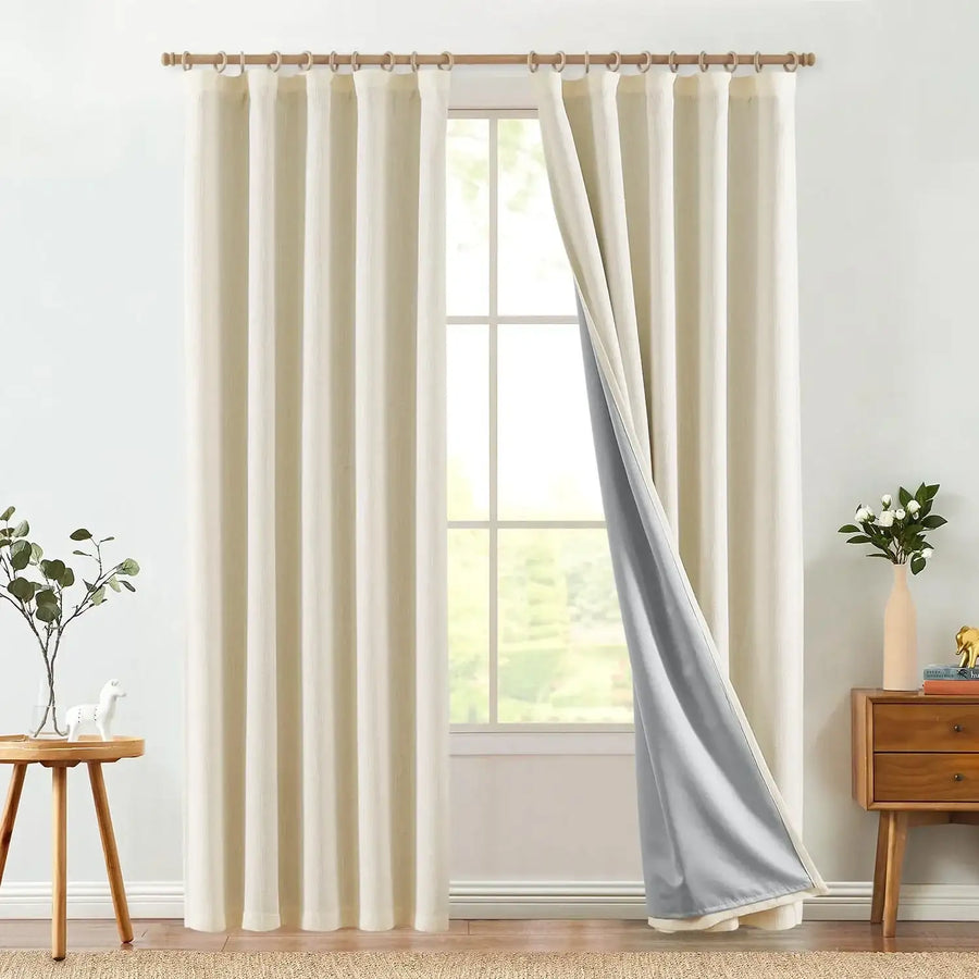 Textured Linen-Blend Solid Lined 3-in-1 Curtains - Jinchan Home