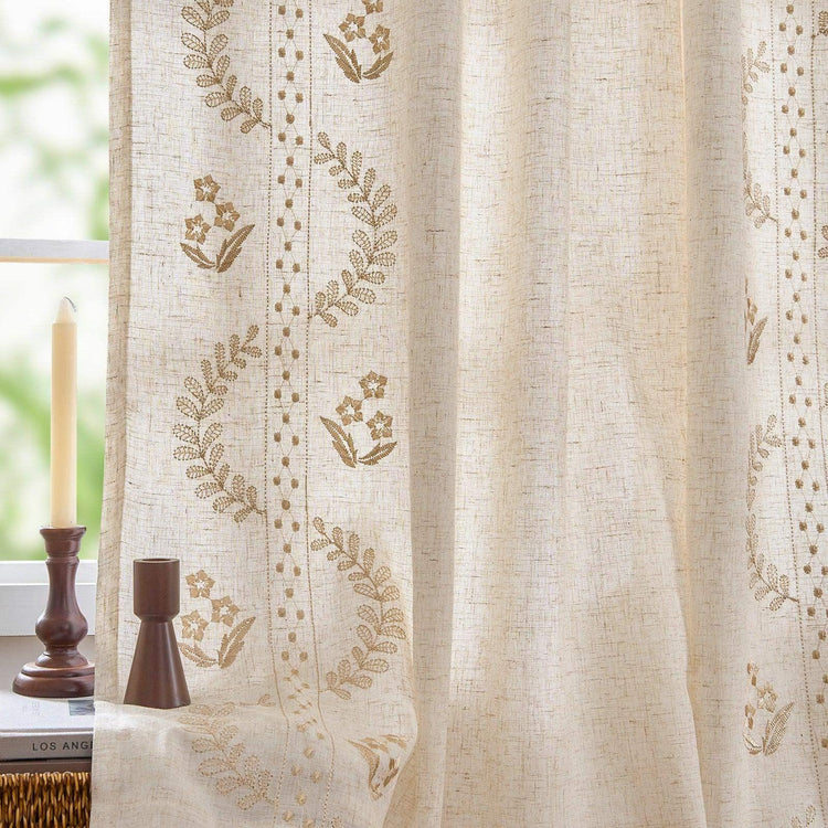 Vintage Lined Embroidered Botanical Border Curtains - Jinchan Home