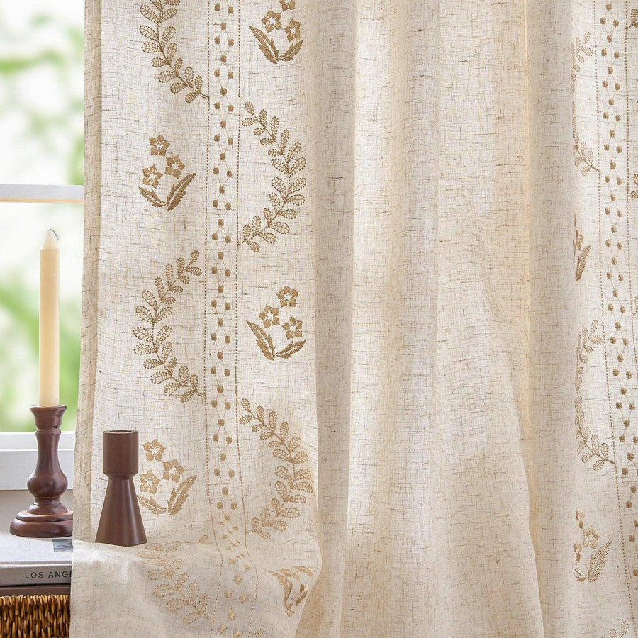 Vintage Lined Embroidered Botanical Border Curtains - Jinchan Home