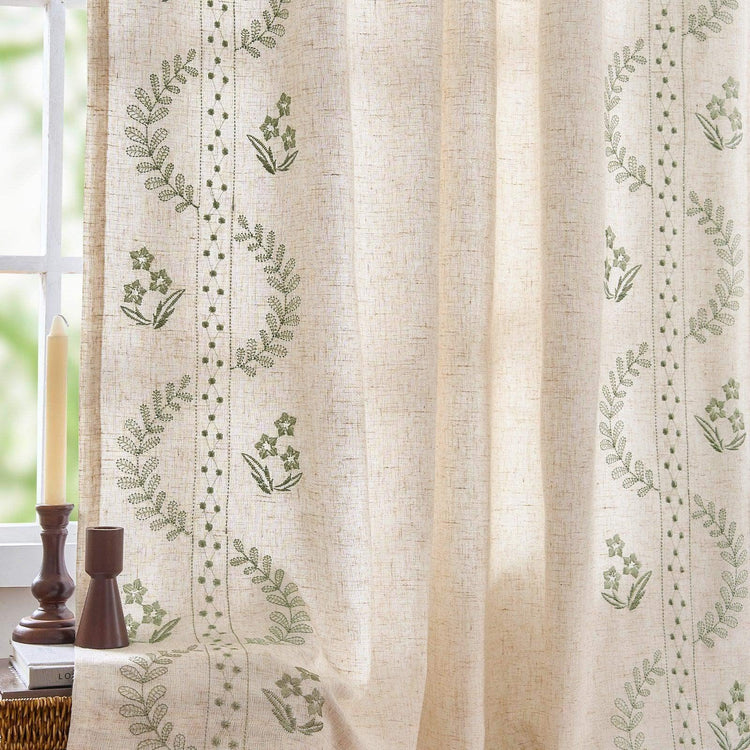 Vintage Lined Embroidered Botanical Border Curtains - Jinchan Home