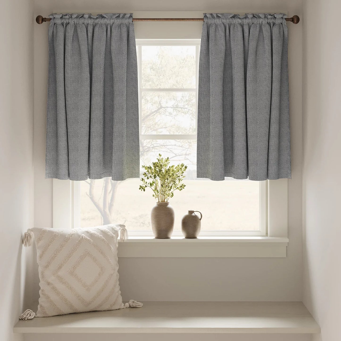Faux Linen Solid Kitchen Curtains - Jinchan Home