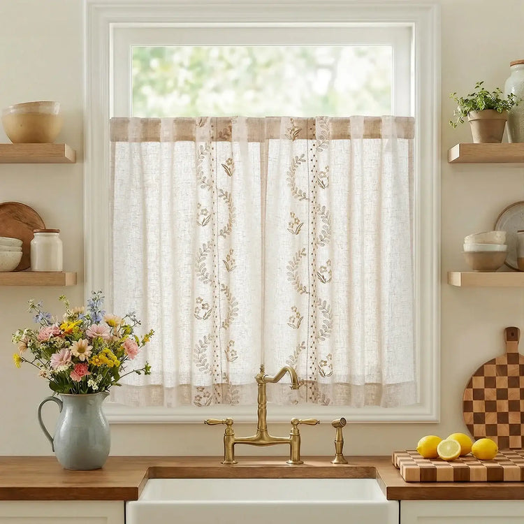 Vintage Wavy Floral Embroidery Kitchen Curtains - Jinchan Home
