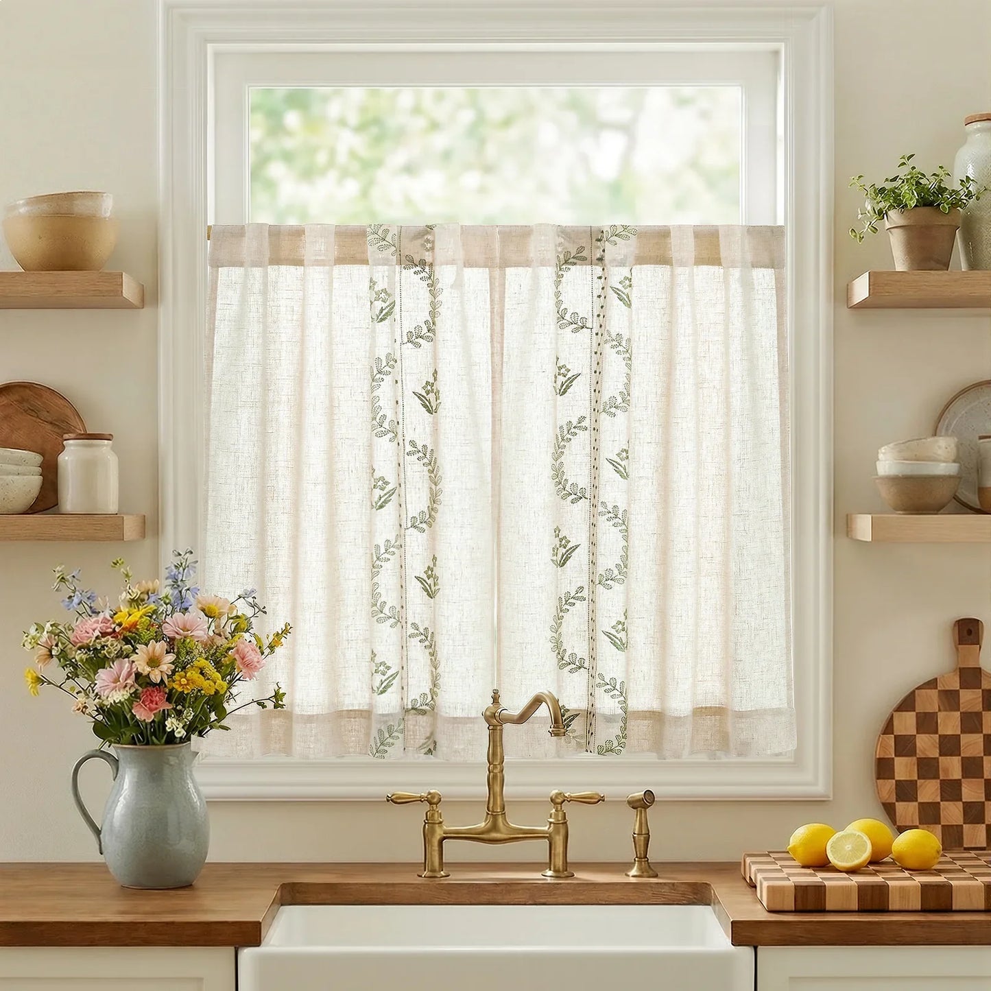 Vintage Wavy Floral Embroidery Kitchen Curtains - Jinchan Home