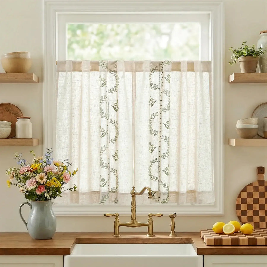 Vintage Wavy Floral Embroidery Kitchen Curtains - Jinchan Home