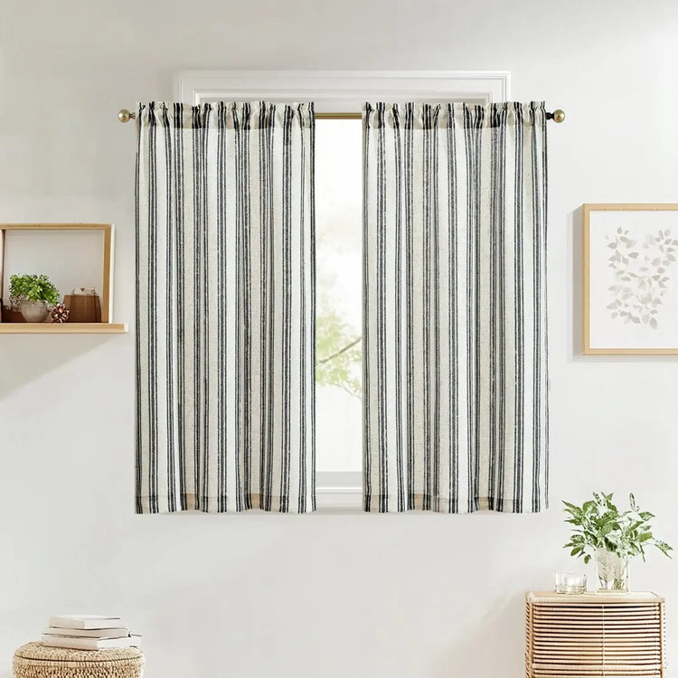 Twill Striped Linen Blend Rod Pocket Kitchen Curtains - Jinchan Home
