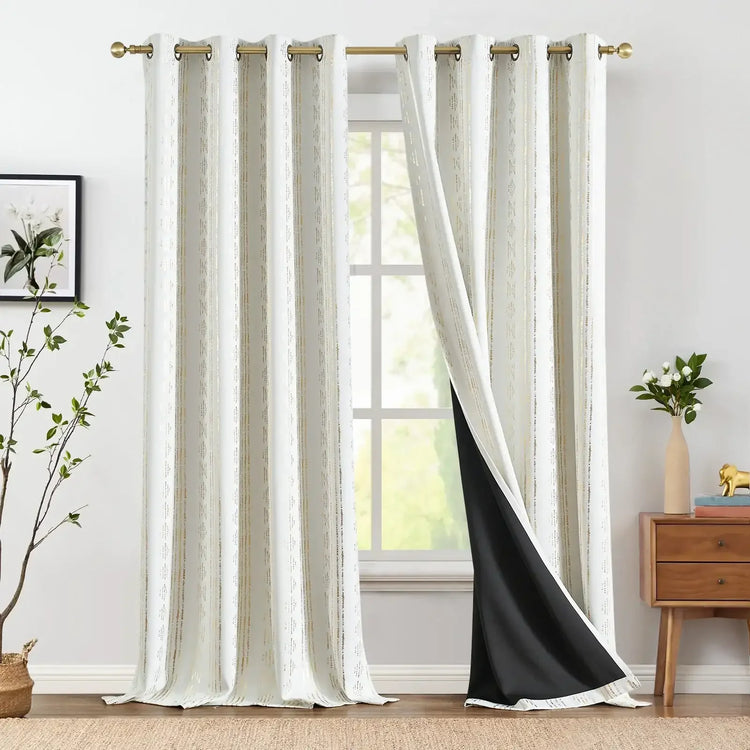 Light-Toned Boho Vertical-Stripe Geometric Grommet Curtains - Jinchan Home