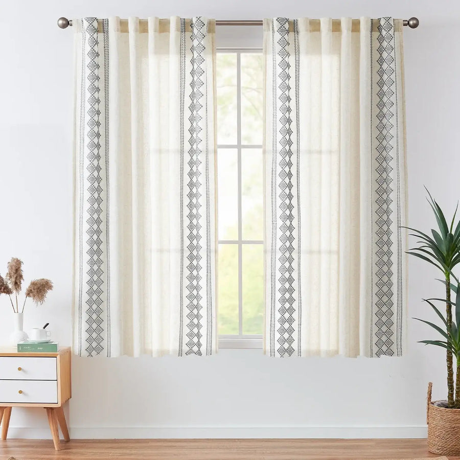 Embroidered Boho Ikat Geometric Curtains - Jinchan Home