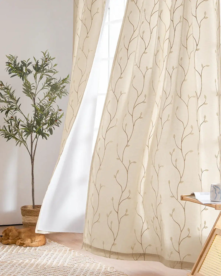 Vine Leaf Embroidered Lined Curtains - Jinchan Home