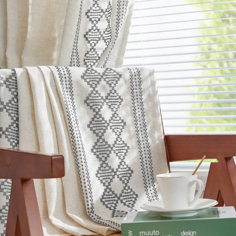 Embroidered Boho Ikat Geometric Curtains - Jinchan Home