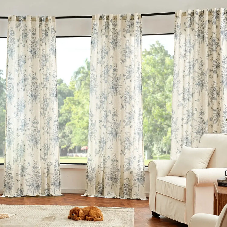 Butterfly Blossom Print Linen-Blend 3-in-1 Curtains - Jinchan Home
