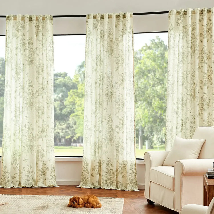 Butterfly Blossom Print Linen-Blend 3-in-1 Curtains - Jinchan Home