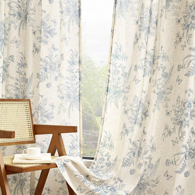 Butterfly Blossom Print Linen-Blend 3-in-1 Curtains - Jinchan Home