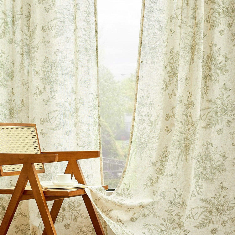 Butterfly Blossom Print Linen-Blend 3-in-1 Curtains - Jinchan Home