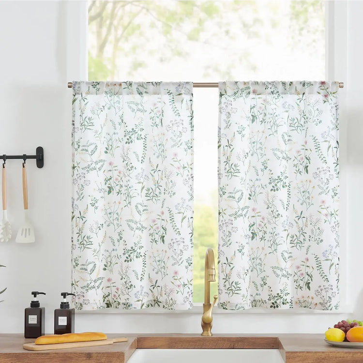 Watercolor Wildflower Rod Pocket Kitchen Curtains - Jinchan Home