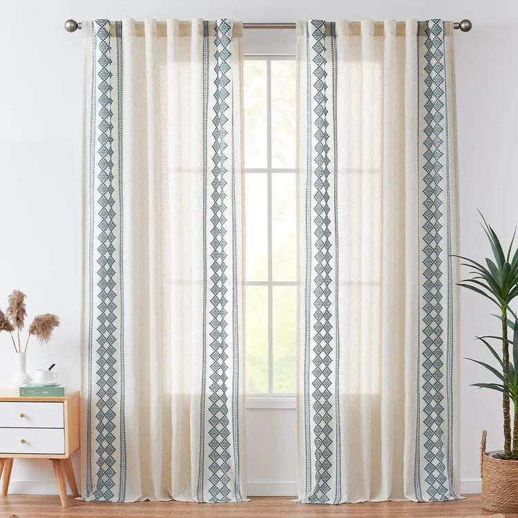 Embroidered Boho Ikat Geometric Curtains - Jinchan Home